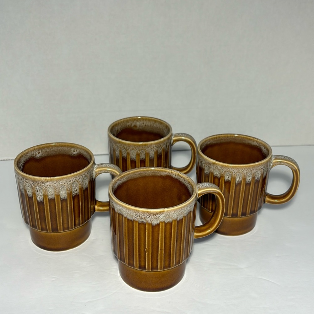 4 Stackable Drip Glaze Coffee Mugs Japan Brown Ceramic 6 OZS 3 1/2”H Set Of 4